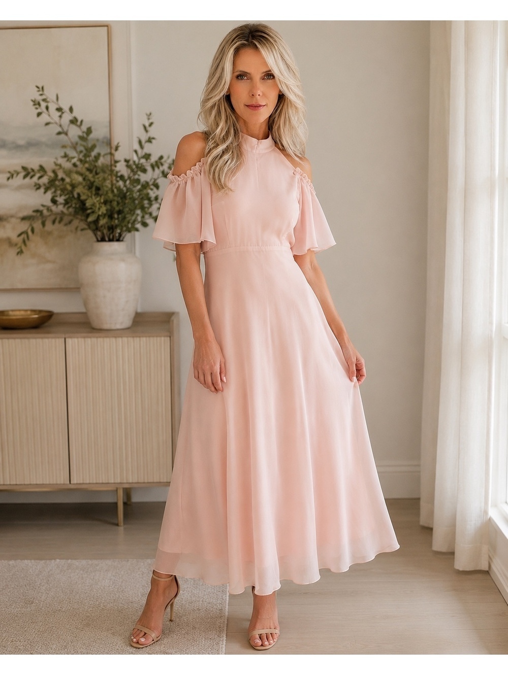 Monsoon Pink Chiffon Mona Angel Sleeve Maxi Dress Size 6
